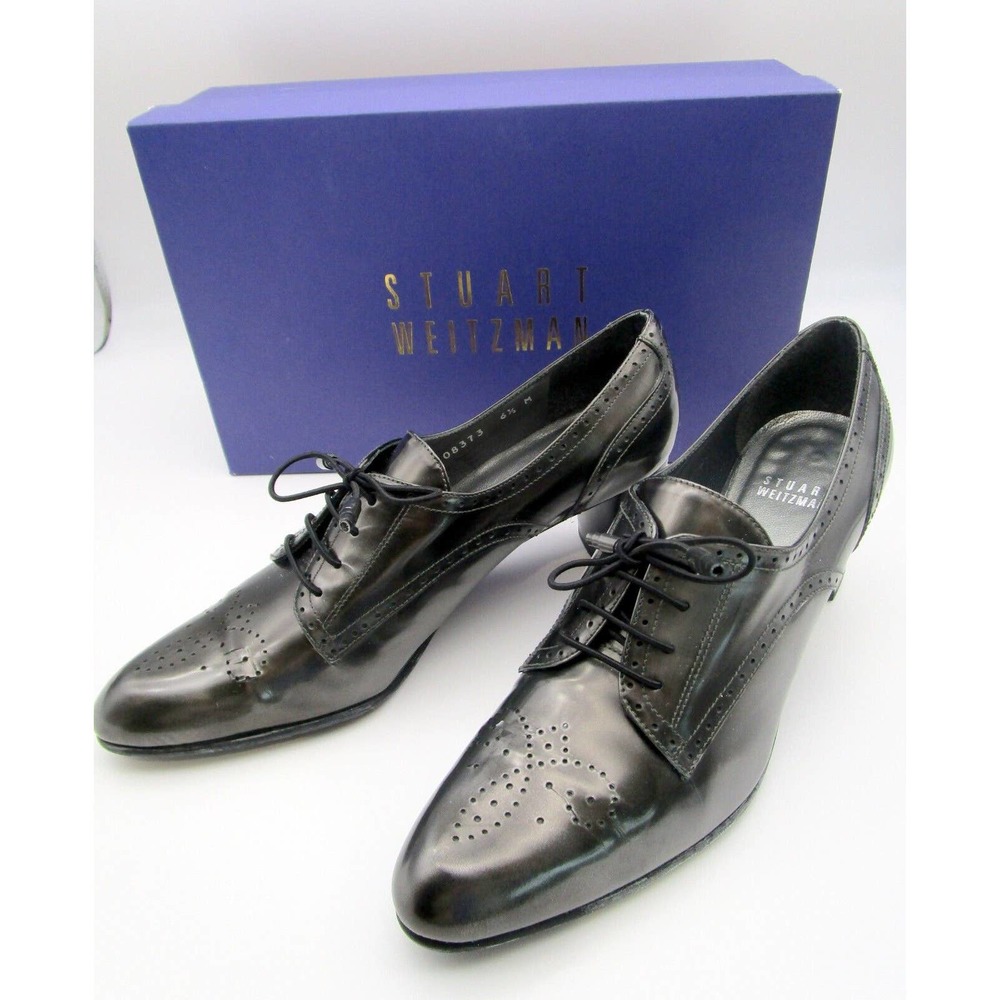 STUART WEITZMAN Granny Heels Shoes Size 6.5 with Box Graphite Brush Pearl Laces